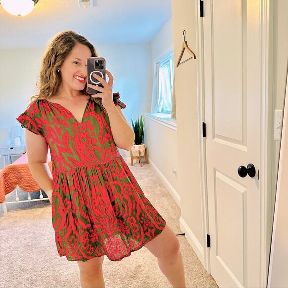 Tuckernuck Velvet Green Pink Floral Cotton Mini Dress Small